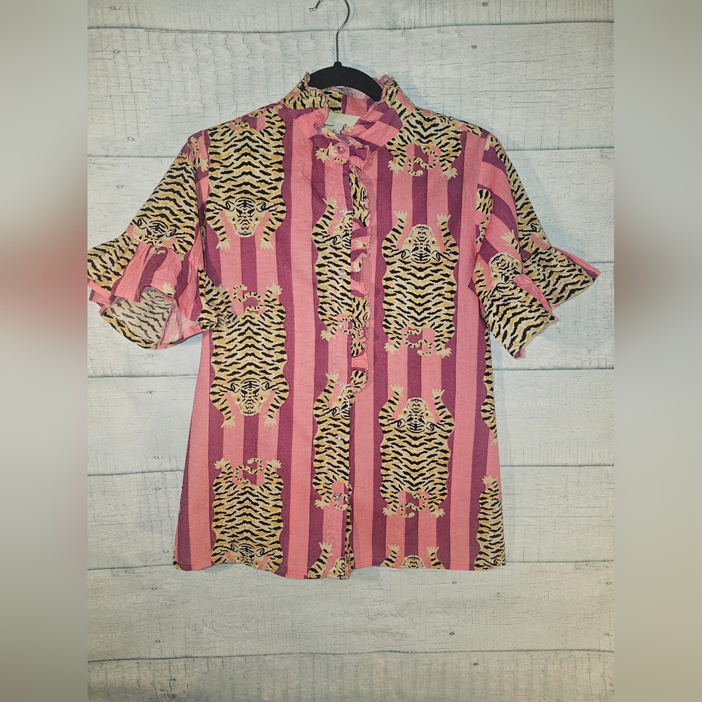 Fox and Hen Women's Pink Stripe Animal Print Top Tiger XS
